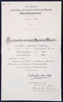 1915 Katonai szolgálati érdemkereszt hadiékítménnyel kitüntetés adományozó okirata gróf Lanckorońsk aláírásával / 1915 Austria, Arwarding document of the Military service cross