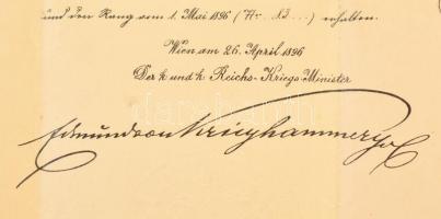 1896 Főhadnagyi kinevezés okirata Edmund von Krieghammer hadügyminiszter aláírásával