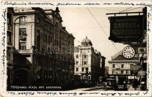 1936 Temesvár, Timisoara; Piata Sft. Gheorghe / Szent György tér, Rabong & Schneider szövetek, Seibert, Färber üzlete, villamos, automobil. Arta photo (EK)