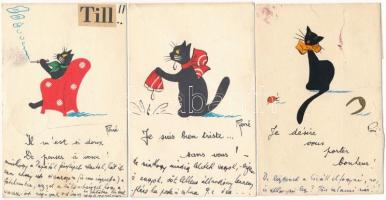 6 db MODERN francia macska motívumlap, kézzel rajzolt / 6 modern French cat motive postcards from 1955, hand-painted