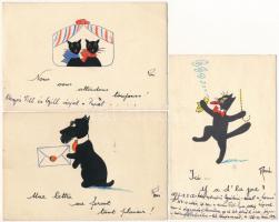 6 db MODERN francia macska motívumlap, kézzel rajzolt / 6 modern French cat motive postcards from 19...
