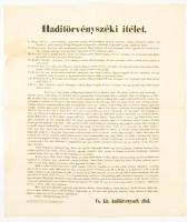 1852 Haditörvényszéki ítélet Noszlopi Gáspár 1848-as gerilla forradalmár seregébe belépettekről. Rablás, felségsértés, Kossuth bankók rejtegetése miatt halálos ítélettel. Szakadással 36x42 cm