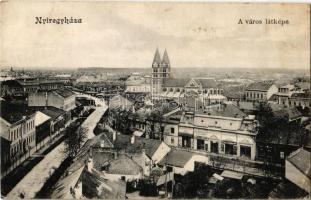 1910 Nyíregyháza, város látképe, Fő utca, templom, Balczár Lajos hús- és virsliáru kereskedés, Bor, sör és pálinka mérés, fűszer és gyarmatárú (EK)
