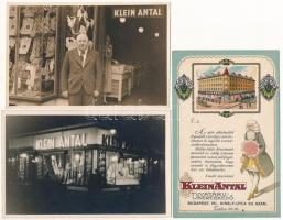 Budapest VII. Klein Antal Divatáru kereskedő üzlete a Magyar Királyhoz. Király utca 53. - 2 db régi fotó képeslap (tulajdonossal) + 1 litho reklámlap / 2 pre-1945 photo postcards with the owner + 1 Art Nouveau litho advertisement card