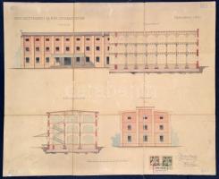 1894 A Szentgotthárdi M. Kir. Dohánygyár épületének terve. Akvarell, vegyes technika, A tervezők aláírásával. Vászonra kasírozva / Plan of a tobacco factory. Watercolor. 64x52 cm
