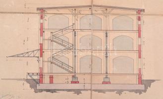 1894 A Szentgotthárdi M. Kir. Dohánygyár épületének terve. Akvarell, vegyes technika, A tervezők alá...