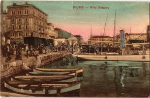 Fiume, Rijeka; Riva Szapáry / Szapáry rakpart, kikötő, gőzhajók, vagonok / quay, port, steamships, wagons (EK)