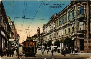 Miskolc, Széchenyi utca, Nagyszálloda, villamos, üzletek. Kiadja Grünwald Ignác (EK)