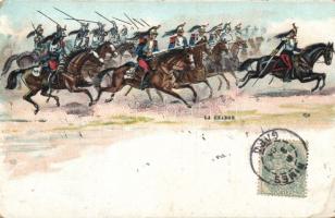 Harcba lovaglás, lovaskatonák litho, La Charge / March into battle, cavalry litho