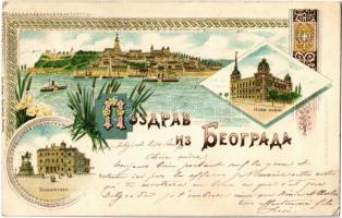 1896 (Vorläufer!!!) Beograd, Belgrád, Belgrade; Novi Konak, National Theater, coat of arms. Karl Stücker Kunstanstalt. Art Nouveau, floral, litho (Rb)