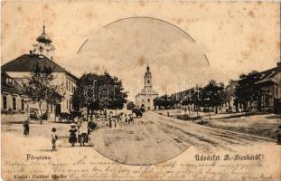 1901 Bicske, Buda-Bicske; Fő utca, Római katolikus templom, Református templom, üzletek. Kiadja Flakker Sándor (fl)