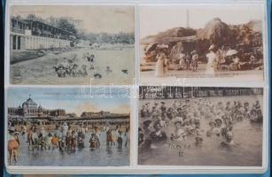 105 db régi képeslap albumban: strand, fürdőzők, vízi sport, közte fényképek / 105 pre-1945 postcard...