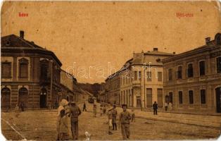 1912 Léva, Levice; Báti utca, Takarékpénztár, üzletek, divatterem. W. L. (?) 151. Kiadja Dukesz Lipót / street view, savings bank, shops, fashion store (EM)