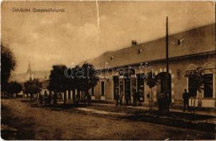 1916 Szepesófalu, Spisská Stará Ves; Fő utca, templom, Kuchta Pál üzlete és saját kiadása / main street, church, publishers shop (b)