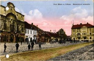 Vágújhely, Neustadt an der Waag, Nové Mesto nad Váhom; Masarykové námestie / Masaryk tér, üzletek. Kiadja Horovitz Adolf / square, shops (lyukasztott / punched holes)