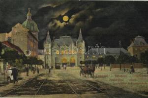 1913 Temesvár, Timisoara; Belváros, Józsefvárosi indóház este, vasútállomás / Iosefin railway station at night