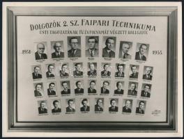 1955 Dolgozók 2. sz. Faipari Technikuma tanárai és végzős hallgatói, kistabló nevesített portrékkal, 18x24 cm