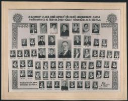 1939 Budapest, VII. ker., Dobó Katalin Felső Kereskedelmi Iskola tanárai és végzős diákjai, kistabló nevesített portréképekkel, 17x22,5 cm, karton 20x25 cm