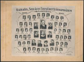1942 Budapest, II. ker., Szilágyi Erzsébet Leánygimnázium tanárai és végzős diákjai, kistabló nevesített portréképekkel, 17x20,5 cm, karton 20x27 cm