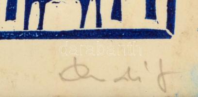 Olvashatatlan jelzéssel: Farkasok-kutyák. Színes linó, papír, üvegezett keretben, 28×17,5 cm