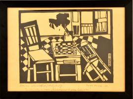 Tardi Kovács Sándor (1938 - ): Interiur sakktáblával. Linó, papír, jelzett, üvegezett keretben, 25×31 cm
