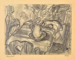Frank Frigyes (1890-1976): Asztal 1940. Szén, papír, jelzett, hátoldalán a művész dedikációjával, 15×19 cm