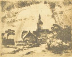 Aba-Novák Vilmos (1894-1941): Bodajki templom 1922. Rézkarc, papír, jelzett, foltos, enyhén gyűrött, üvegezett keretben, 16×21 cm