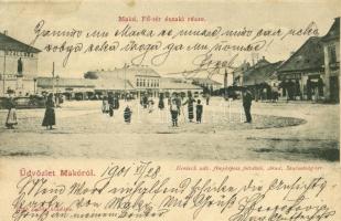 1901 Makó, Fő tér északi része, szálloda és sörcsarnok, Fritz Márton fiai üzlete. Papp Zoltán kiadása és Honisch felvétele (EK)
