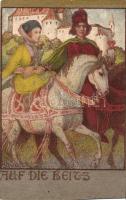 Medieval lady with king, horses, castle litho s: J. Weber (non PC) (cut)