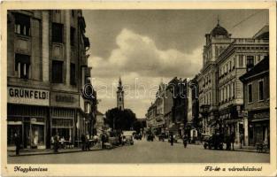 1938 Nagykanizsa, Fő út, Városháza, Grünfeld Márk ruhaháza, Weiszfeld, Izsák üzlete, automobil, kávéház
