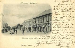 1900 Kiskunhalas, Halas; Fő utca nyugati oldala, Práger Lipót üzlete. Práger F. kiadása
