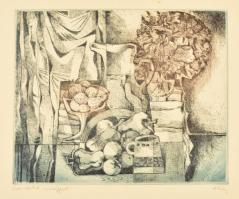 Túry Mária (1930-1992): Csendélet virággal. Színes rézkarc, papír, jelzett, 23,5×30 cm