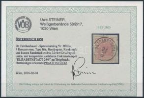 3kr HP IIIa rose, margin piece, balken "ELISABETHSTADT" Certificate: Steiner 3kr HP IIIa r...