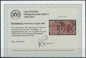 3kr pár, HP Ia rózsa "WARASDIN" Certificate: Steiner 3kr pár, HP pair, rose "WARASDIN...