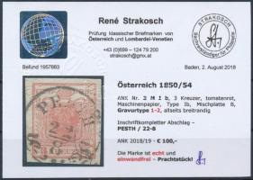 3kr MP Ib tomato red, Gravurtype 1-2 "PESTH" Certificate: Strakosch 3kr MP Ib paradicsompi...