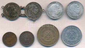 8db-os vegyes magyar és külföldi fémpénz tétel, közte 4db Ag 1 Korona érme T:2-3 kettő ékszerré alak...