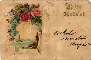 1899 Aradi üdvözlet, dombornyomott virágos litho üdvözlőlap / Greetings from Arad! Emb. floral litho greeting card (EM)