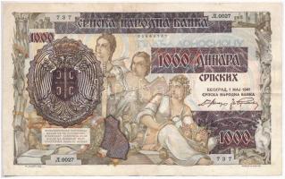 Szerbia / Német megszállás 1941. 1000D 500D-os bankjegyre nyomva T:III  Serbia / German occupation 1941. 1000 Dinara printed on 500 Dinara banknote C:F