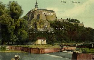1912 Nyitra, Nitra; Püspöki vár, fahíd a folyóval / bishops castle, wooden bridge, river