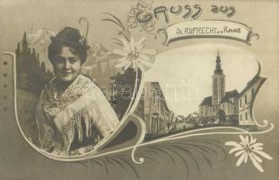 1906 Sankt Ruprecht an der Raab, Gruss aus... / Art Nouveau, floral greeting card with lady