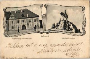 Kolozsvár, Cluj; Mátyás király szülőháza, Mátyás király szobor / birthplace of Mathias Rex, monument, King Matthias. Art Nouveau frame (r)