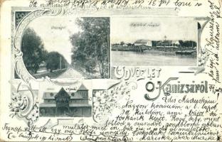 1899 Magyarkanizsa, Ókanizsa, Stara Kanjiza; Országút, Hajóhíd, vigadó / road, pontoon bridge, redoute. Art Nouveau, floral