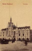 1908 Munkács, Mukacheve, Mukacevo; Városháza, Pannónia könyvnyomda, Rochlitz Róza, Grünfeld W. és Rosner Mór üzlete. W.L. 1183. / town hall, shops (EK)