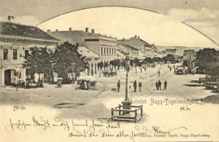 1903 Nagytapolcsány, Topolcany; Fő tér, szobor, üzletek, piac. Platzkó Gyula kiadása / main square, shops, market (kicsit ázott / small wet damage)