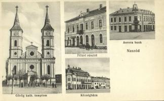 Naszód, Nasaud; Görög katolikus templom, Fő tér, Auróra Bank, Községháza, Moskovits Dávid üzlete. Kaim Mózes kiadása / Greek Catholic church, main square, bank, town hall, shop