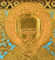 Jelzés nélkül: Szent Miklós. Bronz modern ikon, zománc díszítéssel, keretben, 25×22 cm