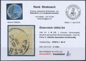 1kr MP III yellow, gemaschtes papier "PESTH" Certificate: Strakosch 1kr MP III citromsárga...