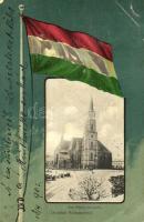 1902 Kolozsvár, Cluj; Szent Mihály templom, piac. magyar zászlós litho keret. Fuhrmann M. kiadása / church, market. Hungarian flag litho (EK)