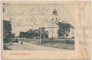 1909 Csiffár, Cifáre; utca, Római katolikus templom. Kiadja Vajda J. / Catholic church, street (ázott / wet damage)