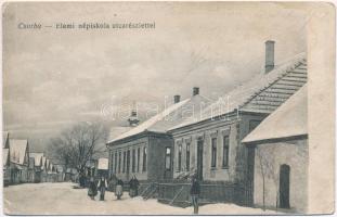 1919 Csorba, Strba; Elemi iskola, utca télen / elementary school, street view in winter (ázott sarkak / wet corners)